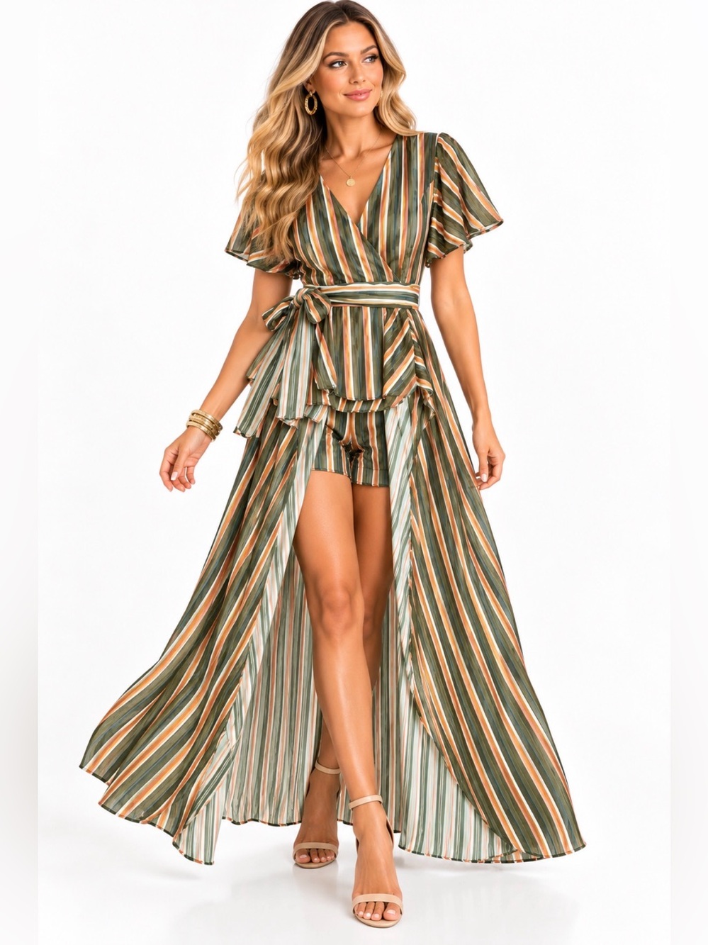 NWT The Clothing Company Striped Maxi Romper Skirt Overlay